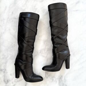 Saint Laurent Strappy Leather Wrap Around Tall Knee High Block Heeled Boot Black